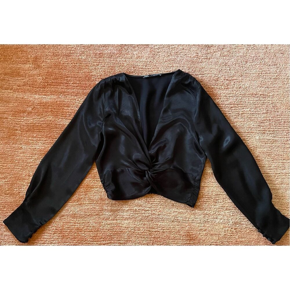 Zara Women's Long Sleeve Black Satin Twist Front Top Size S - Picture 2 of 11